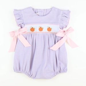 Smocked Pumpkins & Vines Bubble with Lavender Stripes. Size 18 months